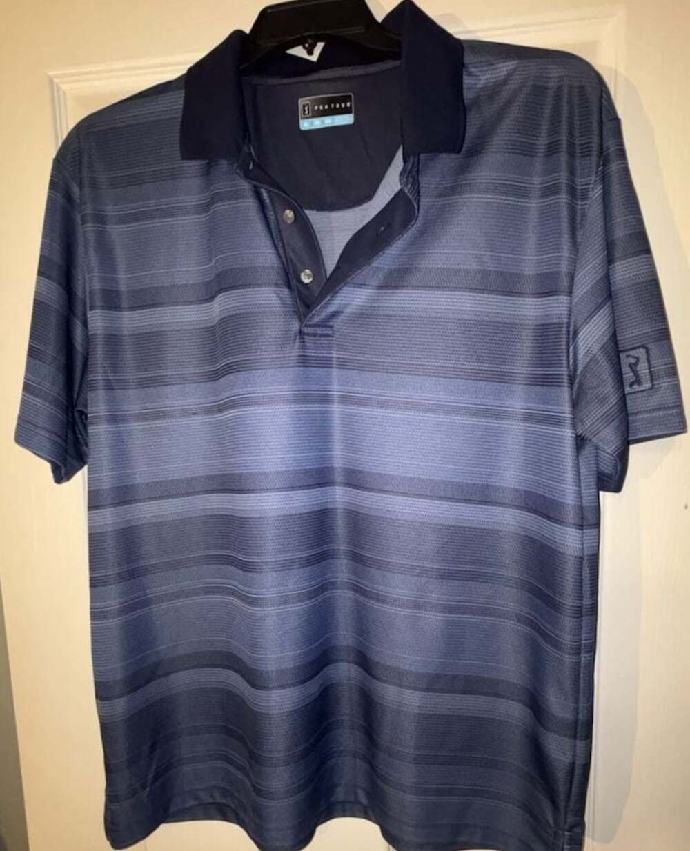 PGA TOUR Men's Blue Striped Short Sleeve Golf Polo Shirt